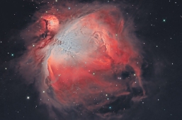 Orion Nebula (M 42) – Constellation: Orion [narrowband] Another image of the same subject, but through H-alpa and OIII narrowband filters and a longer exposure time: 4000s for each channel. The green channel has been obtained synthetically from the red (H-alpha) and blue (OIII) channels. Same telescope and CCD camera of the previous picture.